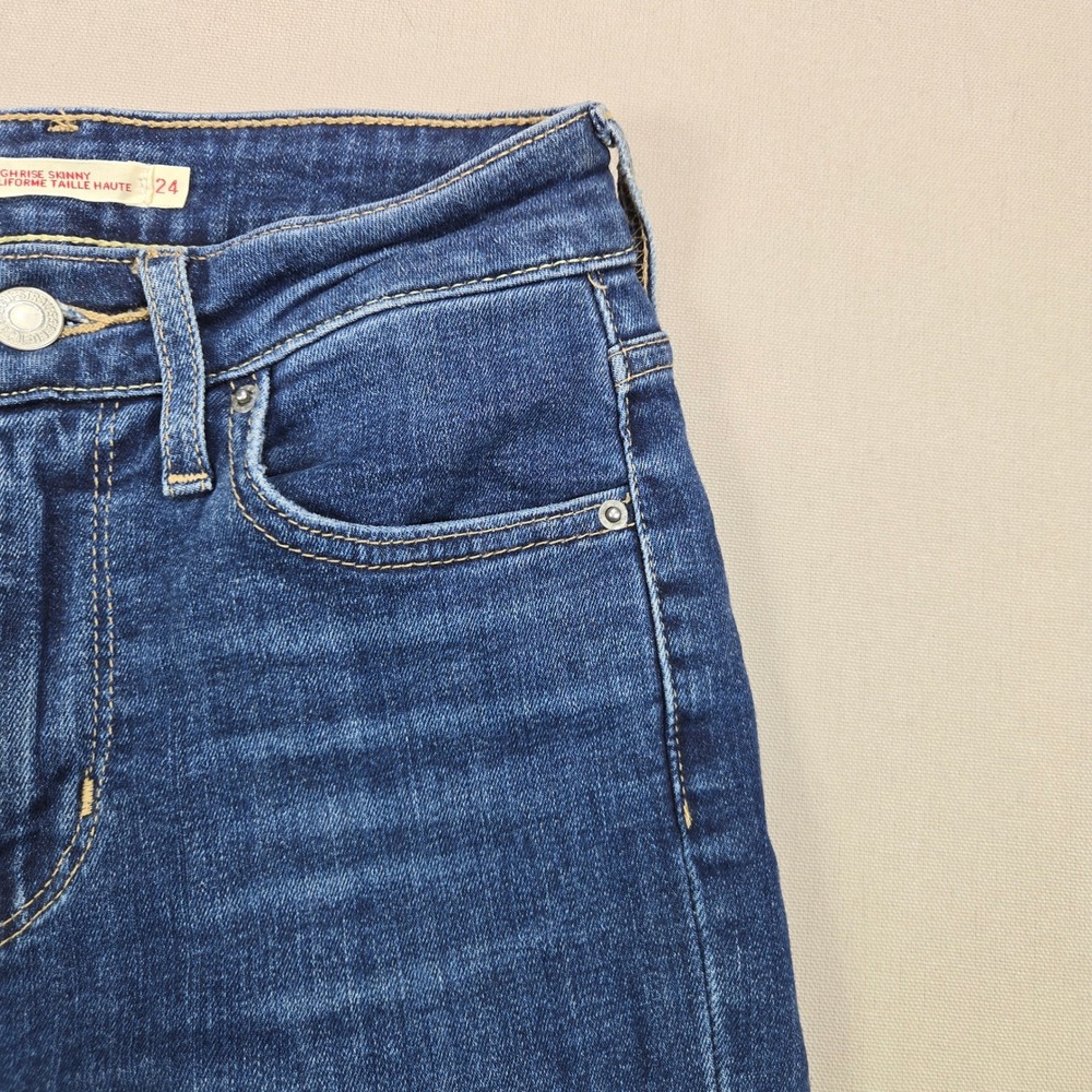 Levi's 721 Big E‎ High Rise Skinny Distressed Dark Wash Blue Womens Size 24x30 - Picture 6 of 16